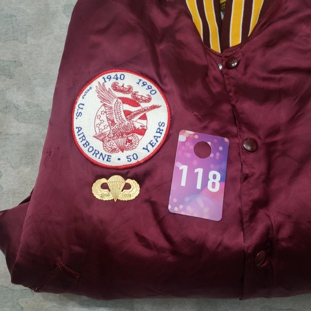 VTG Airborne American Satin Jacket Mens Large Red Snap Up Bomber Quarter Master